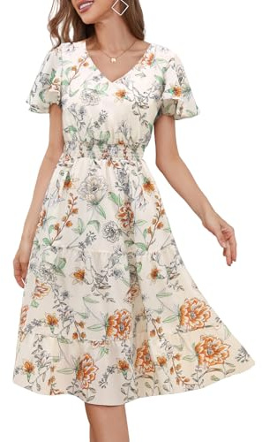 Bridesmay Summer Maxi Dresses for Women 2026 Short Sleeves Floral Easter Dress Flowy Pleated Sundresses White Large Flower L
