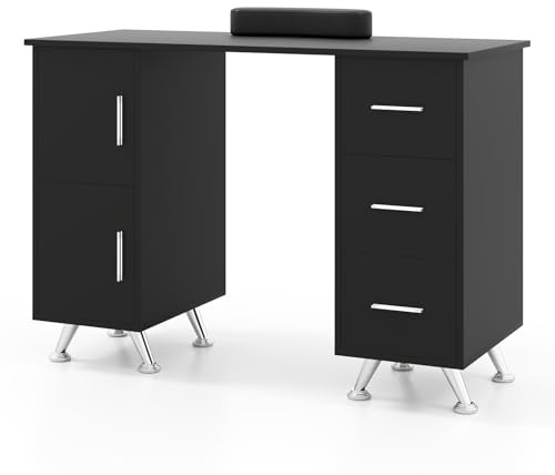 COSTWAY Manikyrbord med lådor, skåp och handbollsstöd, nagelbord med acetonbeständig bordsskiva, manikyrbord (svart)