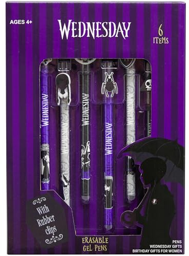 Wednesday Boligrafos Borrables con Toppers Decorativos, Set Boligrafos Divertidos 6 Unidades, Punta Fina de 0.5mm, Regalo Original para Fans