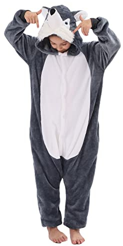 WAFUNNE Flannel Huskies Costume Cosplay Halloween Animal Onesie for Kids Adults Boys Girls Child Huskie S