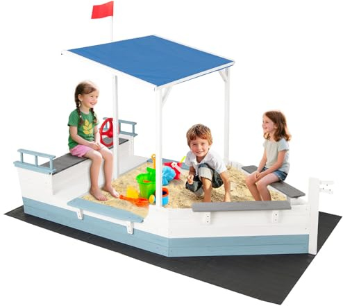 COSTWAY Wooden Kids Sandpit, Pirate Ship Sand Boat with Storage Bench Seat, Canopy, Rudder and Bottom Liner, Outdoor Sandbox for Backyard, Lawn, Beach