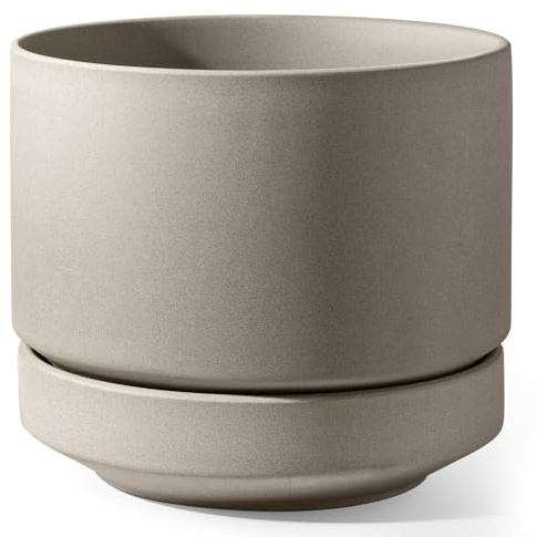 LE TAUCI Grand Pot de Fleurs en Céramique 30 cm avec Soucoupe, Jardinière pour Intérieur et Extérieur, Trou de Drainage avec Filet et Bouchon, Non Émaillé et Respirant - Gris Neutre