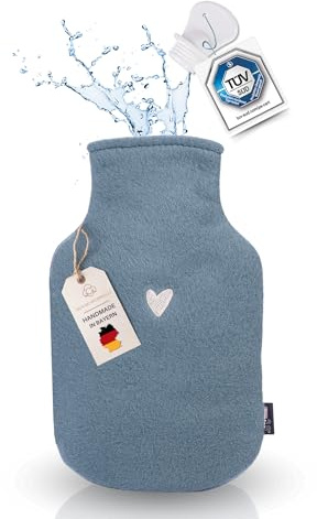 kontor28® - Wärmflasche mit Bezug aus 100% Bio-Baumwolle MADE IN GERMANY & TÜV geprüft | Wärmflasche Fleece mit 2,0L Füllvolumen handgemacht & auslaufsicher | kuschelige Wärmeflasche - Farbe Blau