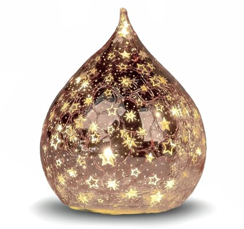formano LED Deko Tropfen Sterne Rose-Gold 16cm Glasleuchte Crackle-Optik + Timer (6h an/18h aus), Batteriebetrieben. - Stimmungslicht für Winter & Weihnachten - Dekoleuchte für gemütliches Zuhause