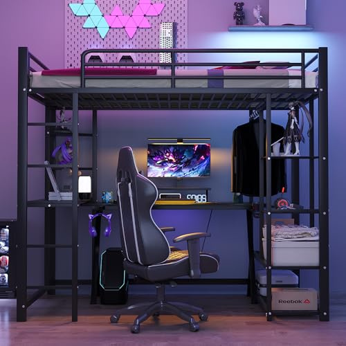 Merax Kinderbett Hochbett,Metall,90x200 cm, mit Schreibtisch,mehrere Regalen,einfach Kleiderschrank-Design,Leiter, Stabiler Metallrahmen, für Kinder und Jugendliche, Ohne Matratze,Schwarz