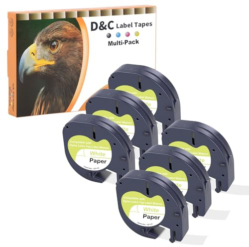D&C 6 cintas de etiquetas 91220 para Dymo LetraTag 12 mm x 4 m, impresión negra sobre papel de etiquetado blanco, dispositivo de etiquetado compatible para Dymo Letratag LT-100T, 200B, LT-100H, XR, XM