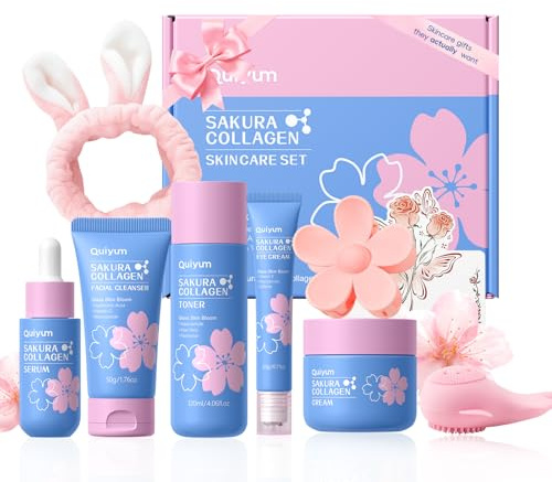 QUIYUM Sakura kollagen hudvård set 5 delar glas hud rutin med rengöringsmedel, toner, serum, ögonkräm, fuktkräm för fukt, åtstramning och strålar, för alla hudtyper, hudvård Gesc