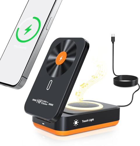 Caricabatterie wireless magnetico 3 in 1 per iPhone, supporto pieghevole con altoparlante Bluetooth e luce adatta al sonno, stazione di ricarica wireless per iPhone 17 16 15 14 13 12 Pro Max tutte le