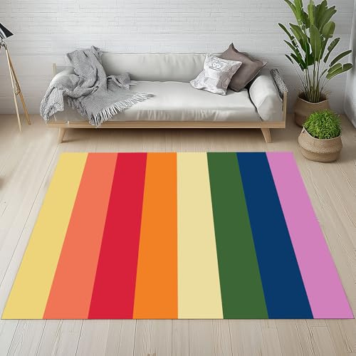 Alfombra de retazos geométrica de arcoíris lavable, 150 x 210 cm, para dormitorio y sala de estar, alfombra suave antideslizante, perfecta para habitación de niños y decoración del hogar