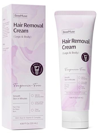 BreeMuse Hair Removal Cream for Women, Painless Depilatory Cream for Legs, Bikini Line & Underarms, Fast 5-10 Minute Body Hair Remover for Sensitive Skin with Moisturizing & Smoothing Formula