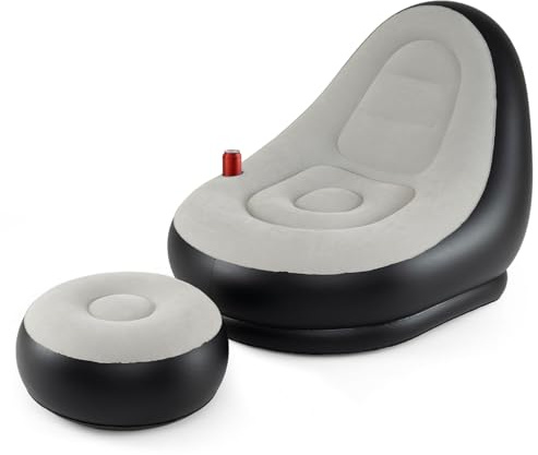 COSTWAY Aufblasbarer Sessel mit Fußhocker, Luftsessel mit Velours-Oberfläche & Getränkehalter, Loungesessel Luftsofa tragbar, Aufblasbares Sofa für drinnen und draußen