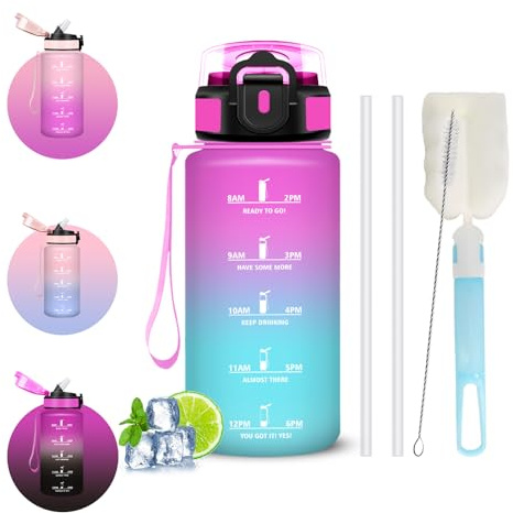 Gourde 500ml, Gourde Enfant avec Paille, Verrou de Sécurité, Brosses pour Paille et Bouteille, Bouteille Anti Fuite, Facile à Nettoyer, Gourdes avec Marqueur de Temps pour Camping, Velo, Plein Air