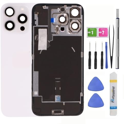 ZAMLINK Back Glass Replacement Compatible with iPhone 16 Pro Max All Carriers 6.9 + Pre-Installed Plate + Wireless Charging Coil Flex Cable + Microphone + Flashlight + Camera Frame (White)