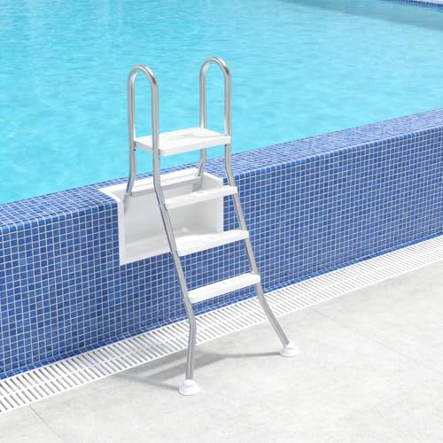 PEILU 3+1 Stufen Edelstahl Poolleitern mit Sicherheitshandlauf, rutschfeste Kunststoff Stufen & Kugelgelenk-Design Standfuß, Stabile Hochbeckenleiter, Schwimmbad Leiter für Pools/Tiefbecken bis 115cm