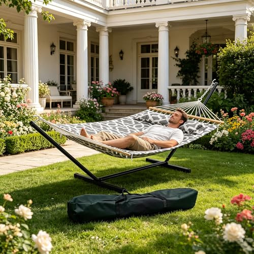 Doppelhängematte Mit Gestell, Belastbar Bis 215kg, Wetterfeste Gartenhängematte Mit Kissen & Tragetasche, 3-Fach Gedrehte Seile, Hängematte Für Garten, Terrasse, Camping & Strand