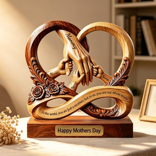 Personalisierte Unendlichkeit Holz Mutter hält Kinder Hände Tafel Figuren Geschenk für Mutter, 2D-Druck benutzerdefinierter Name Mutter und Kinder halten Hände Muttertag Holzschild Tafel Figuren