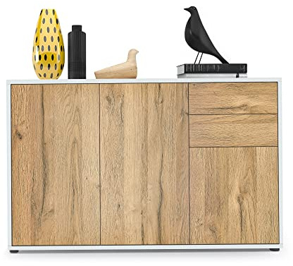 Vladon Sideboard Ben V3, Kommode mit 3 Türen und 2 Schubladen, Weiß matt/Eiche Natur (117 x 74 x 36 cm)