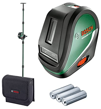 Bosch Cross line Laser UniversalLevel 3 with Telescopic Rod (3 Laser Lines incl. Vertical line at 90° Angle for an Additional Laser Cross on the Ceiling and Bottom Plumb Point for Precise alignments)