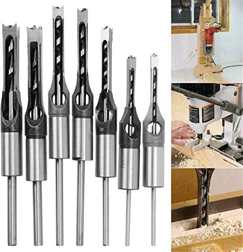 Kit de 7 forets à trous carrés, travail du bois carré Mortising,ciseaux à bois Scie à trous carrés HSS à mortaiser Burin Cutter Bits W/forets DIY menuiserie trou d'ouverture des outils de perçage