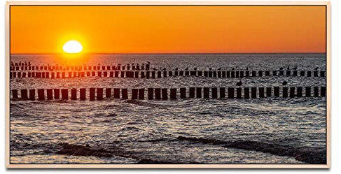 Ostsee Sonnenuntergang ca. 130x70cm Wandbild inklusive Schattenfugenrahmen naturfarbend - Panorama Leinwand Bild XXL Format Wandbilder Wohnzimmer Wohnung Deko Kunstdrucke