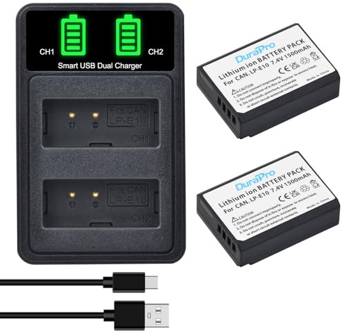 DuraPo 2X LP-E10 Battery Akku + LCD Dual USB Ladegerät für Canon LP E10 Canon EOS 1100D,EOS 1200D,EOS 1300D,EOS Rebel T3,T5,T6,Kiss X50,Kiss X70 Kameras