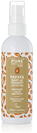 P'URE PAPAYA CARE Babyöl, vegan und tierversuchsfrei, natürliche Inhaltsstoffe mit Papaya, Avocado, Kamille, Ringelblume und Jojobaöl, spendet Feuchtigkeit und pflegt die Babyhaut, 125 ml