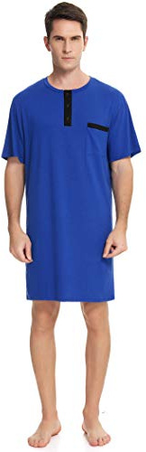 Enjoyoself Herren Nachthemd Kurzarm Baumwolle Einteiliger Schlafanzug Luftig Lang Nachtwäsche Shirt mit Knopfleiste Praktisch Sleepshirt Blau,L