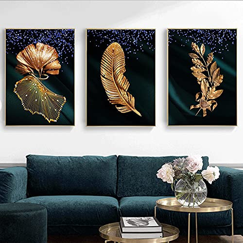 XIANGPEIFBH Leinwand Malerei Blattgold Pflanze Poster und Drucke Nordic Golden Bild Wandkunst Grün für Wohnzimmer Wohnkultur 40x60cm (16x24in) x3 Ungerahmt