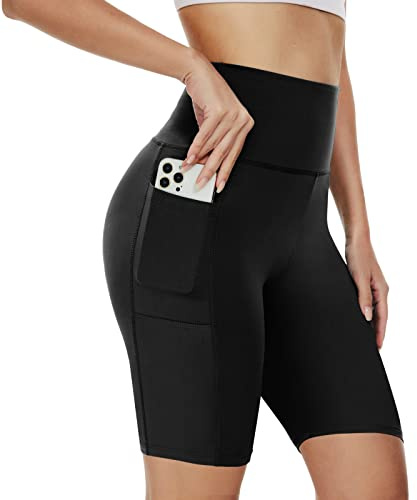 AMIYOYO Radlerhose Damen mit Taschen Leggings Sporthose Kurze High Waist Blickdicht Sportshorts Dehnbar Hotpants Bequem für Yoga Fitness Gym Sommer