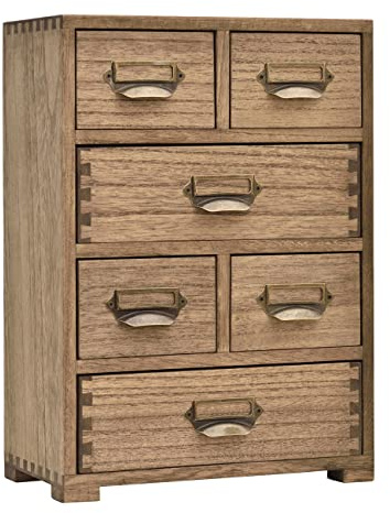 KIRIGEN Wood Storage Drawer Units Desktop Organiser Mini Chest of Drawers Vintage Cabinet 6 Drawers with Metal Handles for Coffee Tea and Jewelry Dark Brown (4D6C-DBR)
