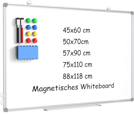 DOLLAR BOSS Tableau blanc, Tableau blanc magnétique 50x70cm, suspendu au mur, Cadre en aluminium Whiteboard, Tableau effaçable à sec, avec marqueurs et effaceur