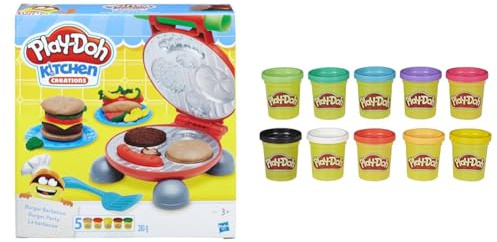 Play-Doh Damen, Burger Party, Knete Für Fantasievolles Und Kreatives Spielen, Mehrfarbig, One Size & Farbenkiste mit 10 Dosen à 56 g 29413F03 Multicolor