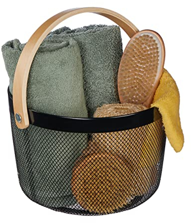 Relaxdays Drahtkorb mit Henkel, rund, Aufbewahrungskorb Metall & Holz, Utensilienkorb Küche, Bad, Wohnzimmer, schwarz