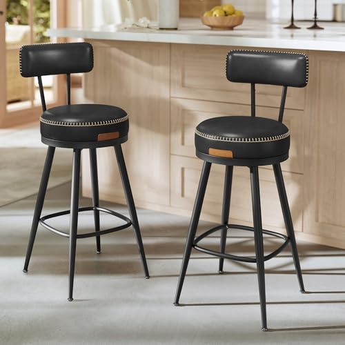 VASAGLE EKHO Collezione - Sgabelli Cucina Girevoli a 360° Set da 2, Sgabelli da Bar con Schienali, Rivestimento con Cucitura, Moderno di Metà Secolo, Altezza 65 cm, Nero Inchiostro LBC089B01