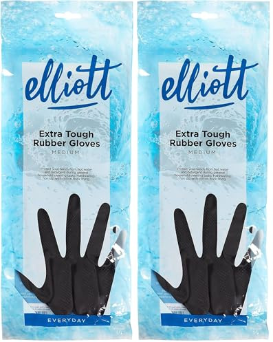 Elliott Heavy Duty Household Maintenance Rubber Gloves - Medium Size With Breathable Flock Lining and Non-Slip Grip, Black (Pack of 2)