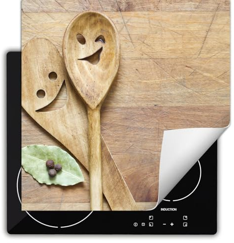 TMK ArtDeko Herdabdeckplatte Einteilig Küche Herdabdeckung Ceranfeld Herdabdeckplatten Anti Rutsch Matte Aufrollbar 60x52 cm, Holz Löffel