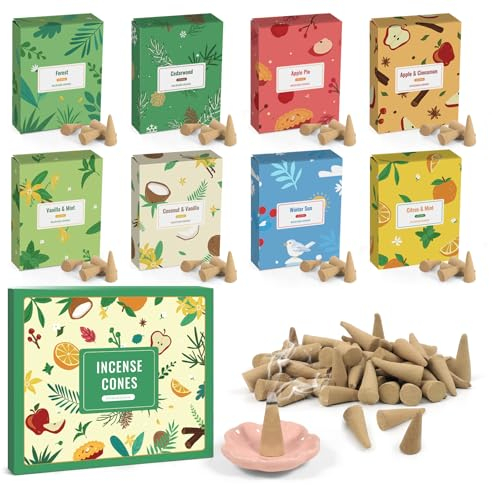 SCENTORINI Räucherkegel 120st, 8 Düfte Räucherkerze mit Räucherstäbchenhalter, Räucherkegel Set Perfekt für Saubere Luft in Innenräumen, Entspannung, Yoga, Meditation