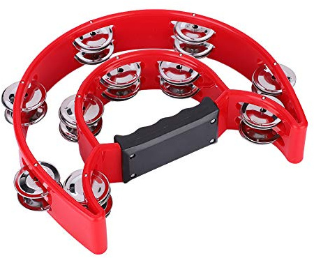 Tamburin mit Zweireihigem Griff und Metallschellen. Halbmond-Percussion-Tamburin, Hand-Percussion-Cutaway-Tamburin (Rot)