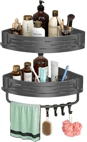 SzjinbaoEckablage Duschkorb Duschregal ohne Bohren 2 Stück rostfreie Badezimmer Organizer, Dreieck-Duschkorb für Bad mit 8 Haken, für dusche aufbewahrung Shampoo und Duschgel(dunkelgrau)