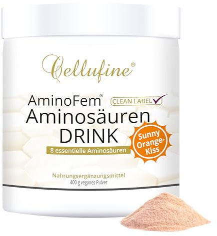 Cellufine® AminoFem® Aminosäuren Drink – Sunny OrangeKiss – 400 g veganes Pulver mit 8 essentiellen Aminosäuren nach Prof. Dr. Lucà-Moretti, ausgewogenes Aminosäuren-Profil, EAA Pulver