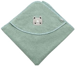 Sterntaler Kapuzenbadetuch 80x80 cm Katze Lilly - Badetuch mit Applikation - Babyhandtuch mit Kapuze aus saugfähiger Baumwolle, steingrün