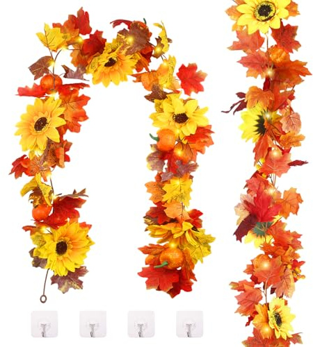 SJUNJIE 2 Stück Herbst Deko Herbst Girlande mit Sonnenblumen-Kürbis-Elementen Herbstdeko Outdoor Kann für Partys Esstische Bögen Kamine Türrahmen Geländer Verwendet Werden
