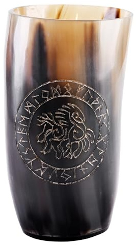 Battle-Merchant Wikinger Trinkbecher, Horn, Sleipnir Motiv, ca. 250 ml | Hornkrug Graviert, Lebensmittelecht, Naturhorn, Poliert, Rinderhorn, Mittelalter, Met, Becher, Reenactment, LARP