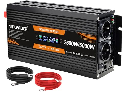 Yinleader Wechselrichter 12V 230V 2500W Spannungswandler LCD 2 AC Steckdosen für Solarpanel Auto Wohnmobil