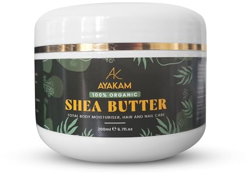 Ayakam 100% Vegan and Organic Shea Butter, 200ml. Full of anti-oxidants and vitamins, Ideal for all skin types to moisturise, soothe and repair. Responsibly sourced. 5p donated to charity.