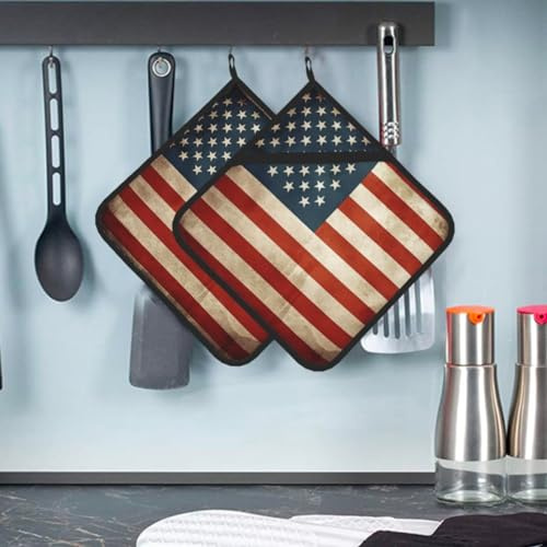 Topflappen im Vintage-Stil, amerikanische USA-Flagge, hitzebeständig, mit Tasche, Küchen-Topflappen, maschinenwaschbar, Ofenhandschuhe, Topflappen, Untersetzer zum Kochen, Backen, Grillen, 20,3 x 20,3