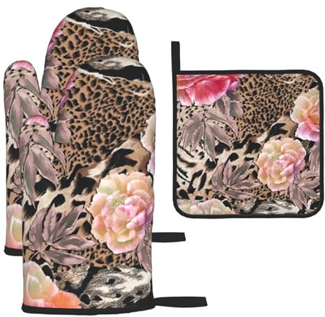 Set di 3 guanti da forno e presine con motivo leopardato rosa, resistenti al calore, regalo per cucinare