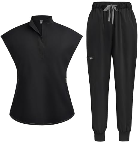 Meichoon Women's Medical Scrubs Separate Set Stand-up Neck Stretch Top with 2 Side Pockets Tapered Yoga Pants Soft & Wrinkle Resistant DK55