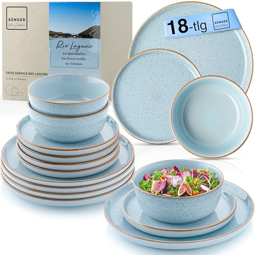 SÄNGER Rio Lagune Tafelservice 18 teilig, Steingut | Geschirr Set 6 Personen, 6x Speiseteller 6x Dessertteller 6x Schalen Geschirrset und Schale blau