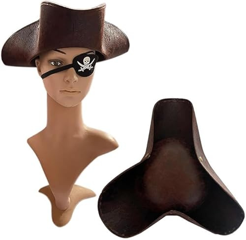 KKTONGXI Piratenhut für Erwachsene Braun Leder Kolonial Stil Tricorn Hut Piratenkappe Verkleidung Kolonial Mittelalter Accessoire Karneval Halloween Kostüm